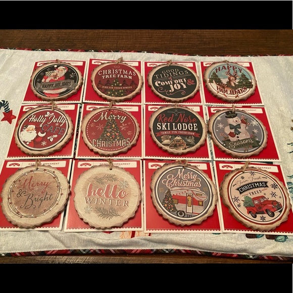 Vintage Retro Rustic Themed Christmas Wood Slices Hanging Ornaments Set of 12 - Picture 3 of 12